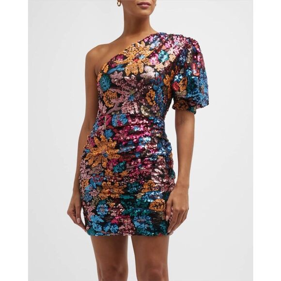 NWT Ronny Kobo Givena Floral Sequin One Shoulder Mini Dress Size 6 - Picture 1 of 11